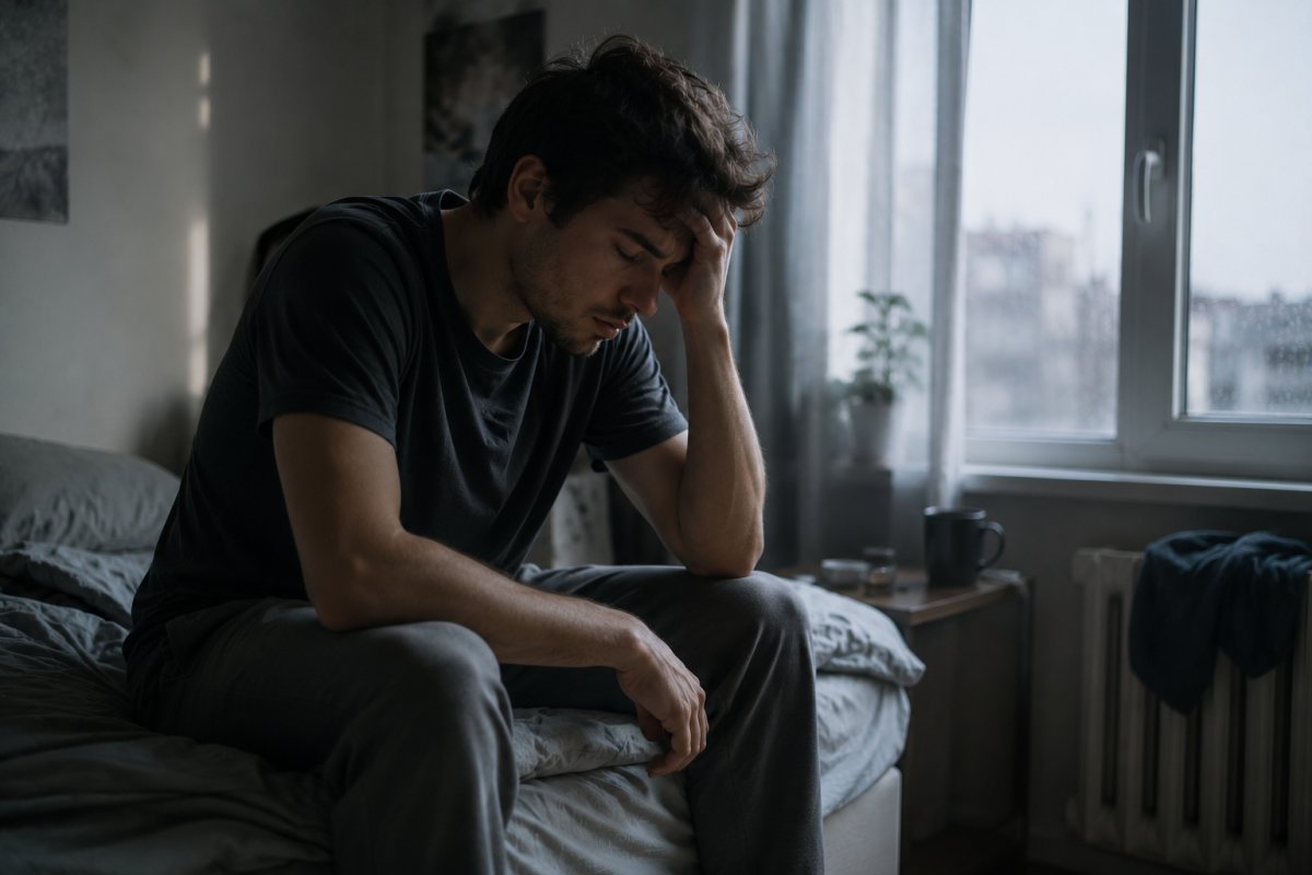 hombre sentado en el borde de la cama con tensión en hombros y mandíbula mientras entra luz gris de la mañana por la ventana