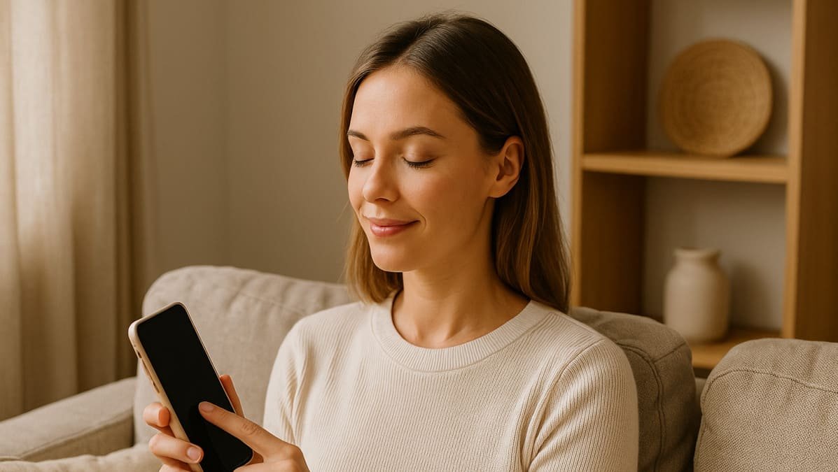 Mujer apagando su teléfono con expresión tranquila en un ambiente cálido y minimalista