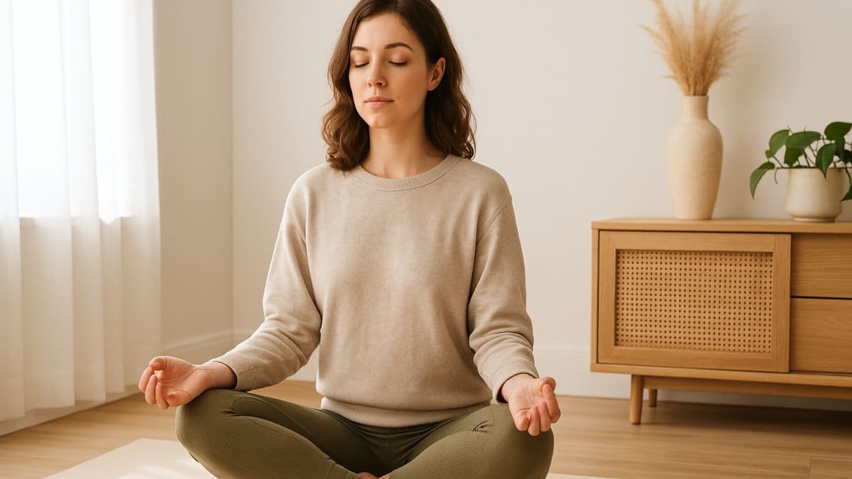 mujer practicando mindfulness en casa luz natural