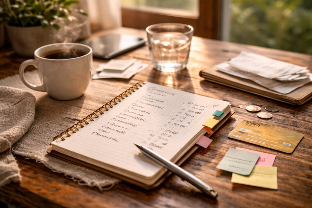 Mesa de madera con libreta de presupuesto abierta, tarjeta bancaria y taza de café bajo luz cálida de tarde
