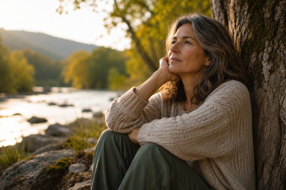 mujer madura reflexiona en medio de la naturaleza