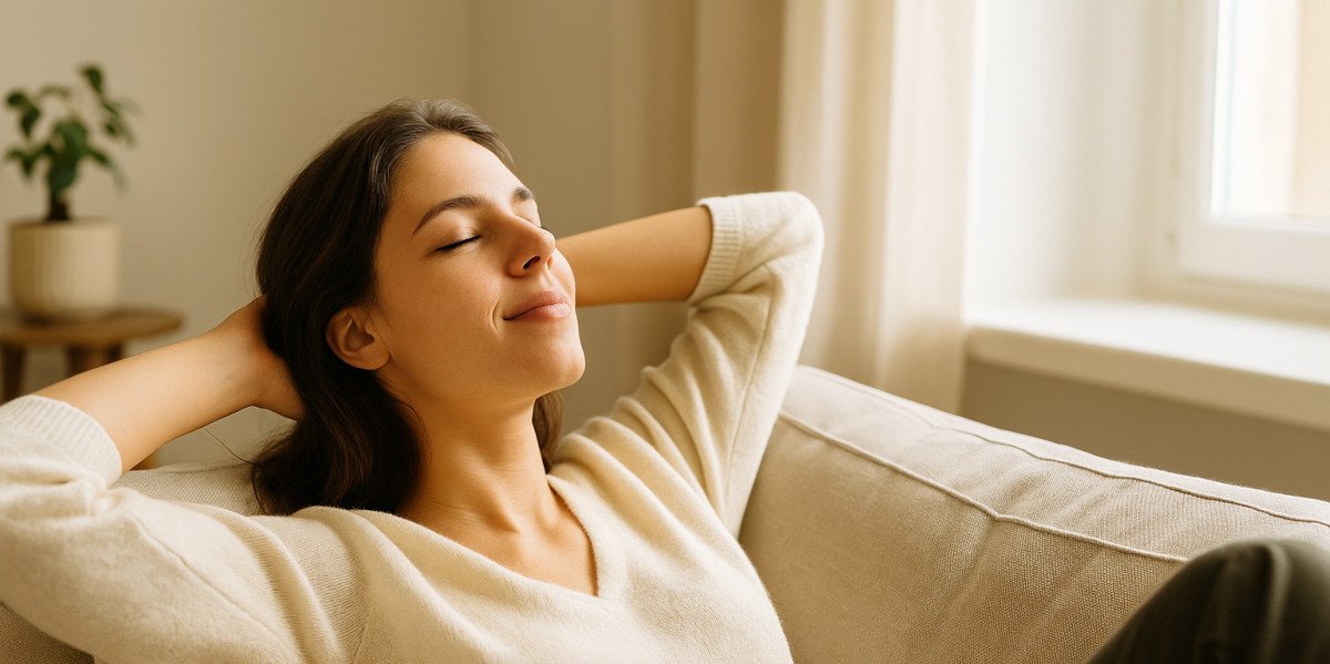 Mujer descansando en casa con expresión tranquila, luz cálida y ambiente minimalista estilo wellness