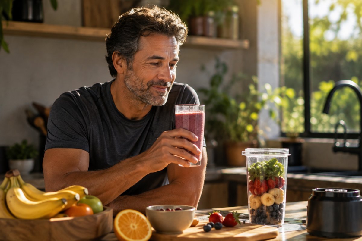 Un hombre maduro disfrutando de un batido saludable con frutas