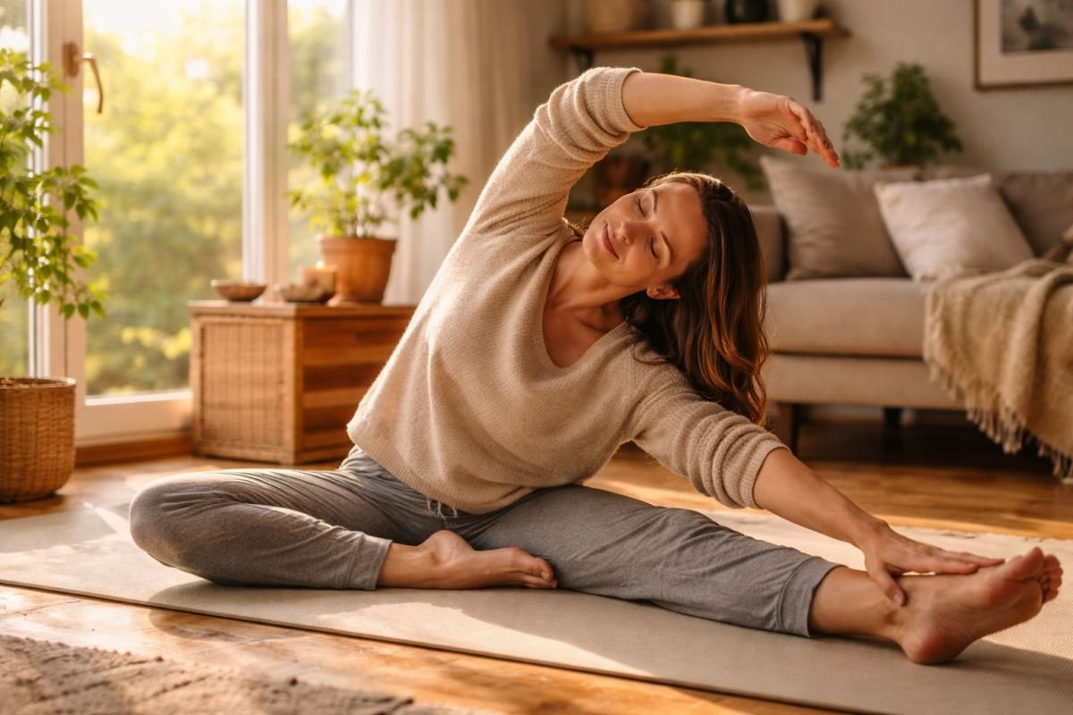 Mujer adulta estirándose suavemente en la sala de su casa mientras entra luz natural de la mañana