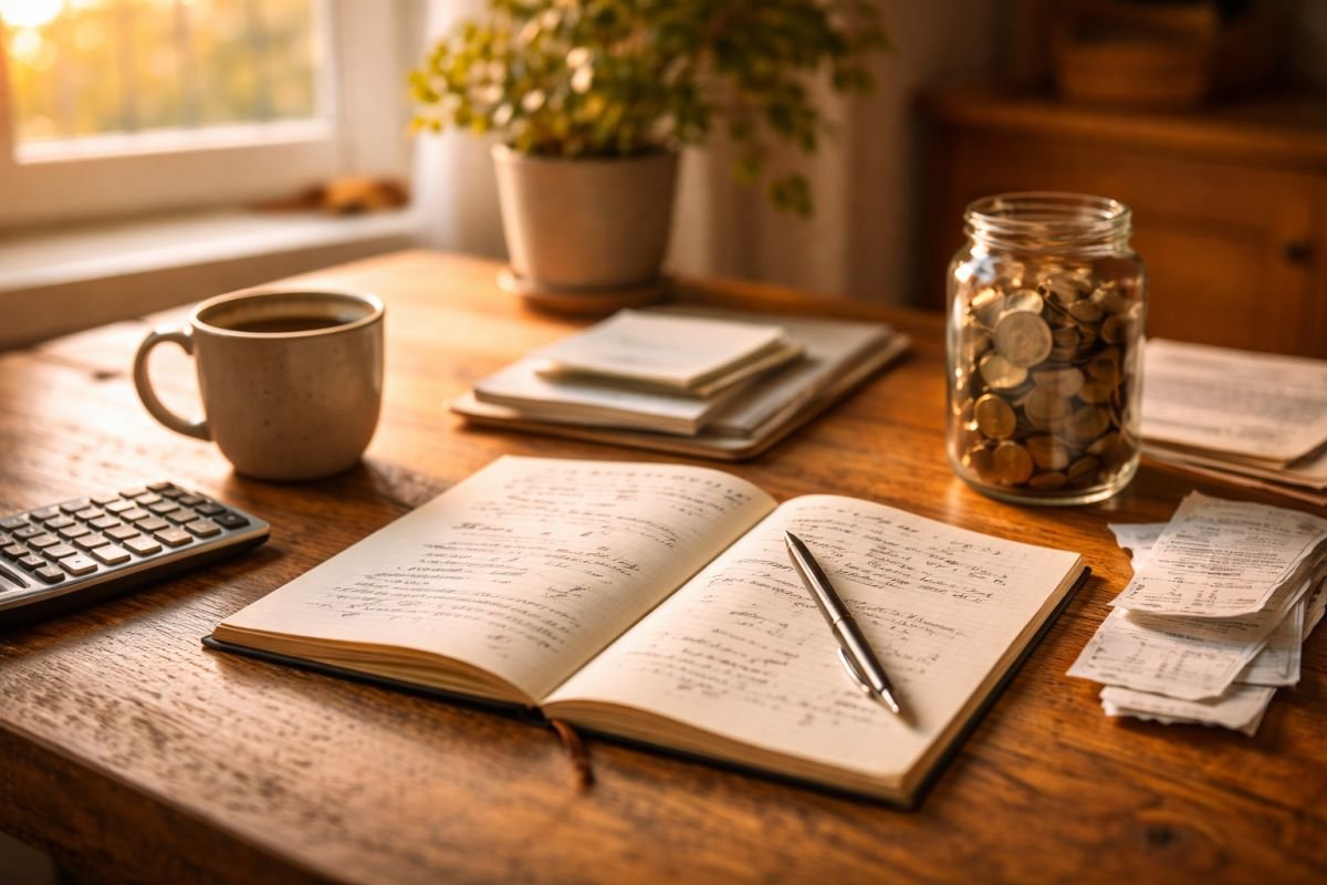 Hombre adulto revisando un cuaderno de gastos con luz natural entrando por ventana