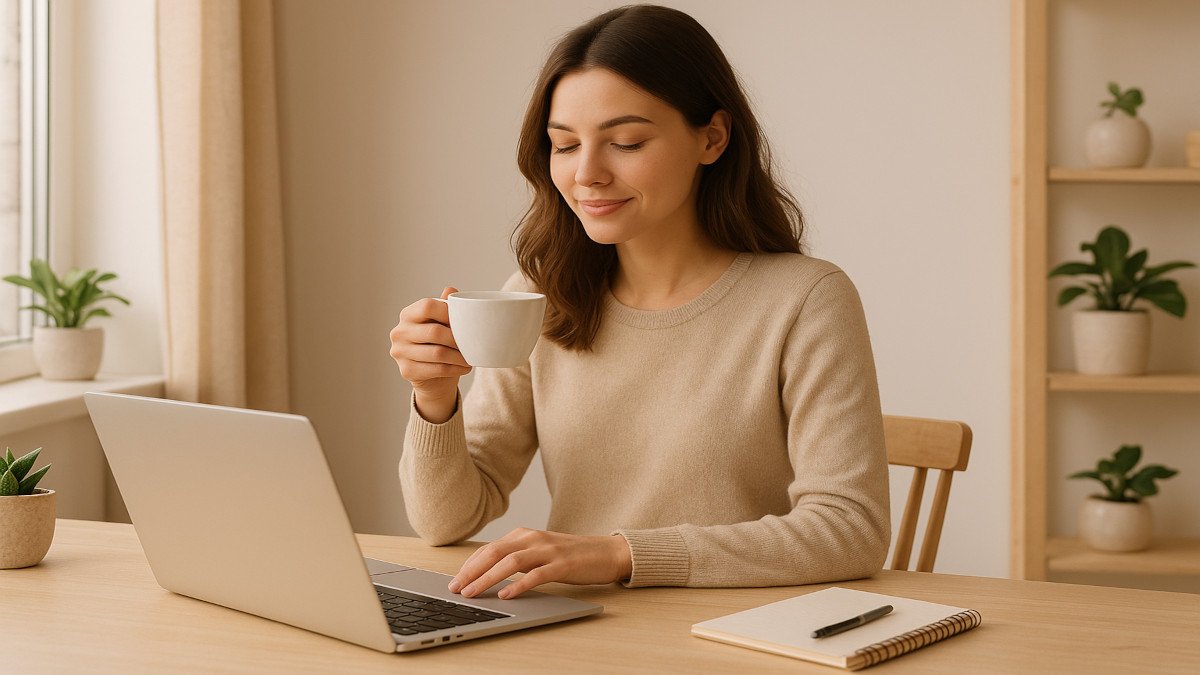 Mujer relajada trabajando en su escritorio con una taza de té, reflejando equilibrio emocional y bienestar