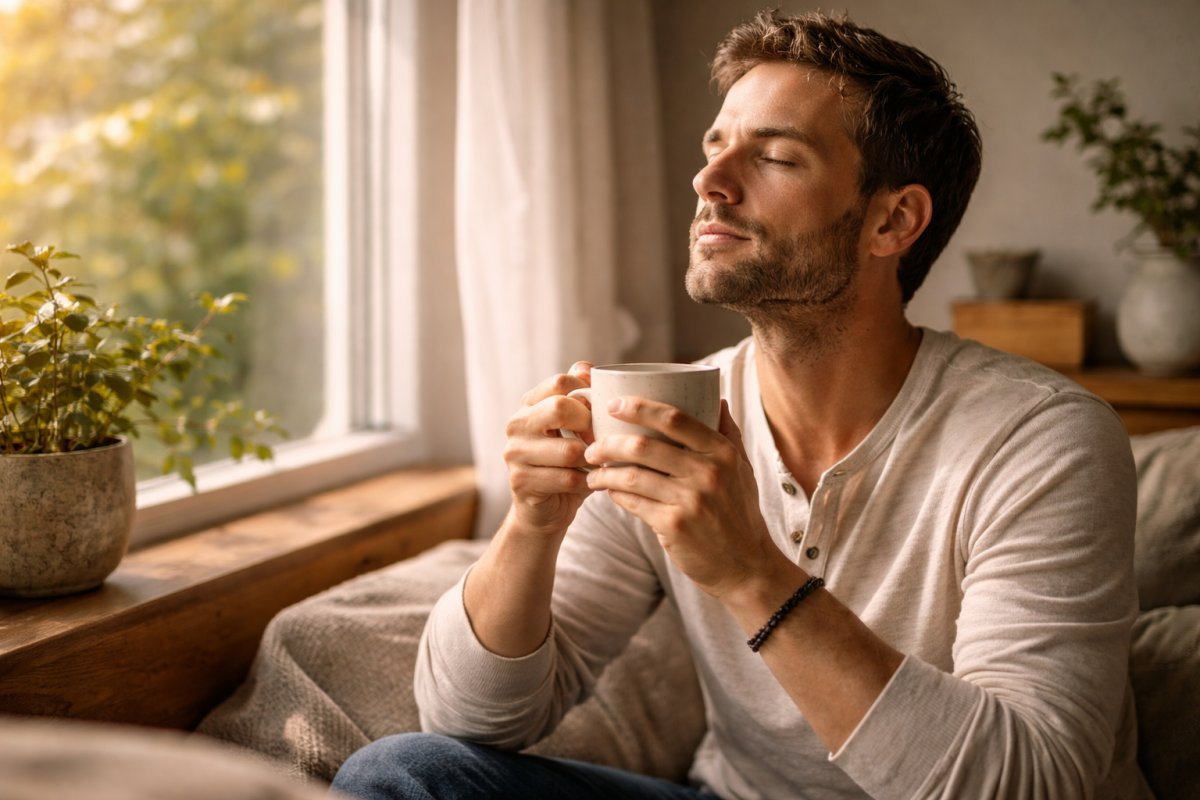 Mujer sentada junto a ventana con luz suave de mañana sosteniendo una taza caliente mientras respira profundamente
