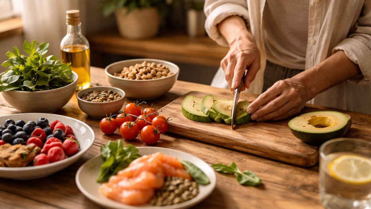 alimentos naturales sobre mesa iluminada apoyando claridad mental