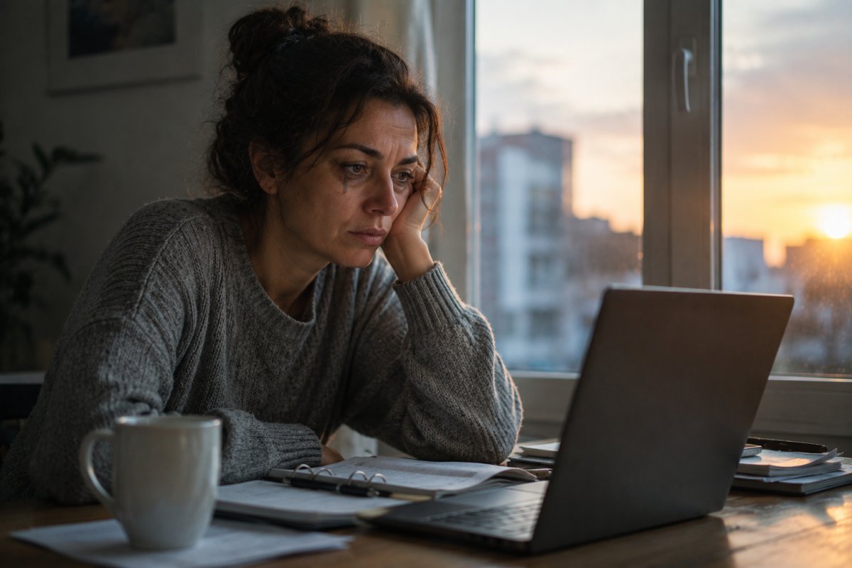 mujer madura revisando pendientes frente a una laptop con ojeras visibles mientras amanece detrás de la ventana