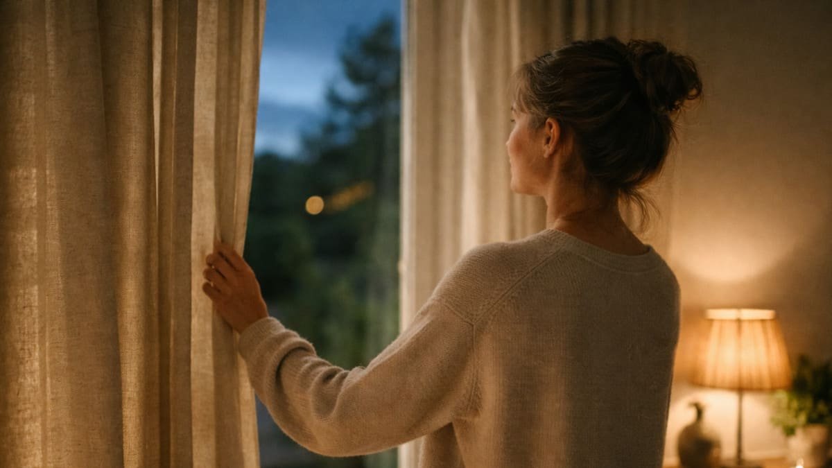 persona cerrando una cortina junto a una ventana con luz nocturna suave