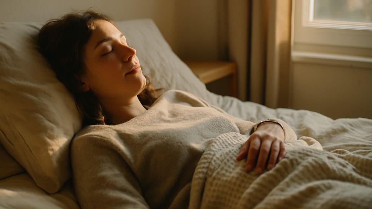 persona descansando en un entorno sereno con luz suave al amanecer