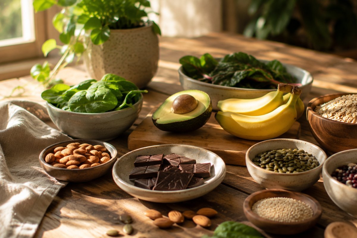 Una mesa con alimentos ricos en magnesio iluminada por la luz de la mañana