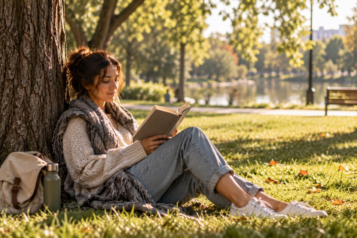Persona leyendo un libro en un parque para aliviar el estrés