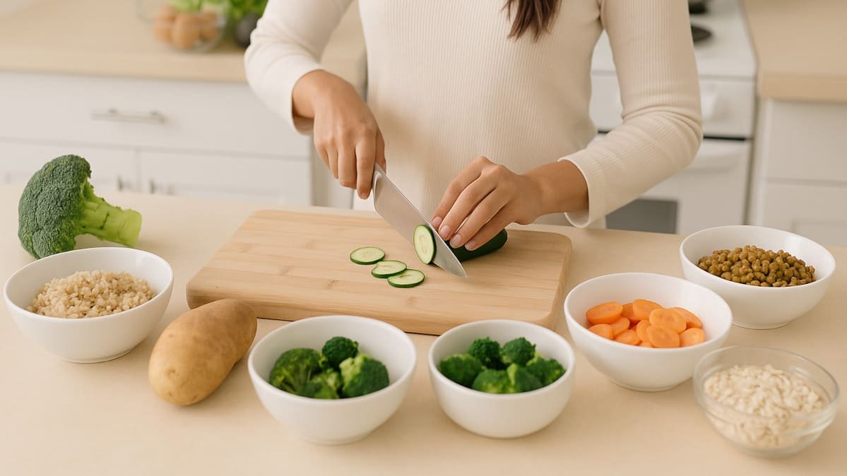 persona preparando comida saludable con ingredientes economicos