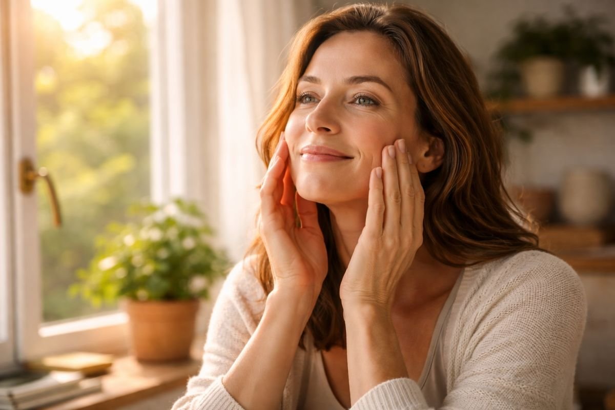 Mujer madura tocando suavemente su mejilla junto a una ventana con luz natural