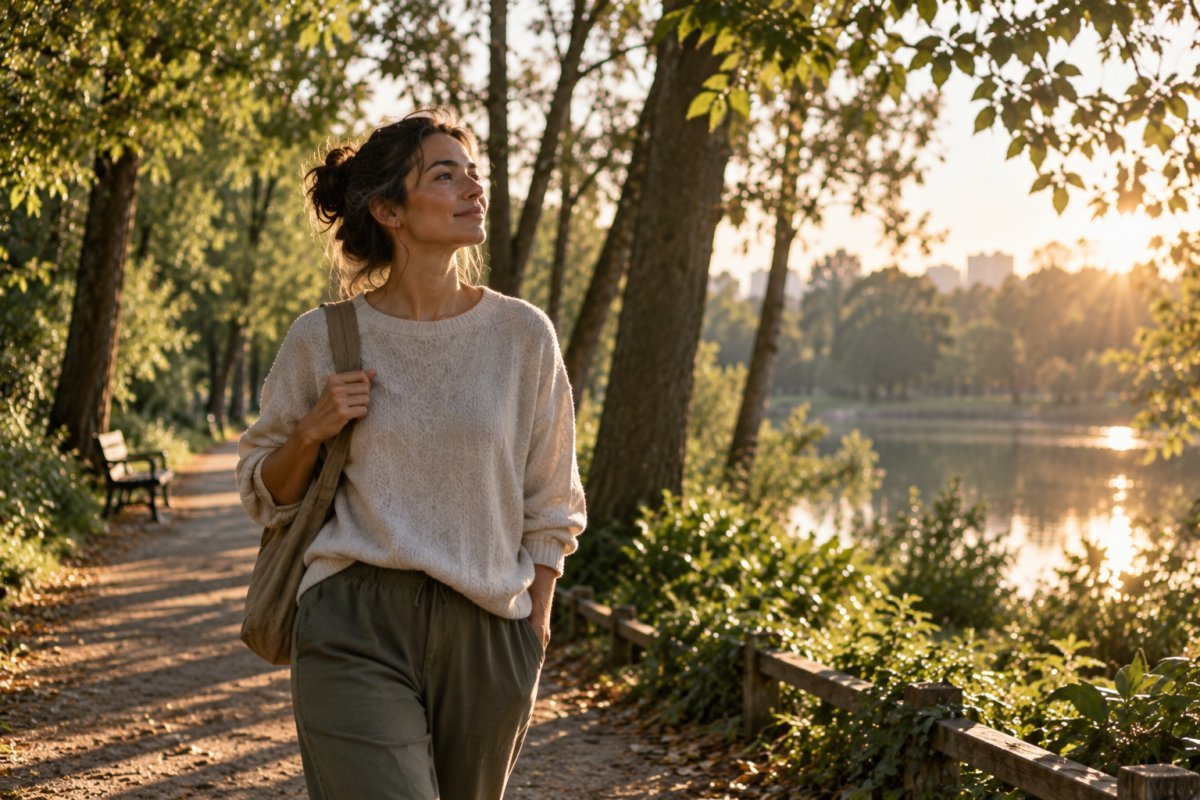 Mujer caminando en un parque, explorando el arte de desconectar