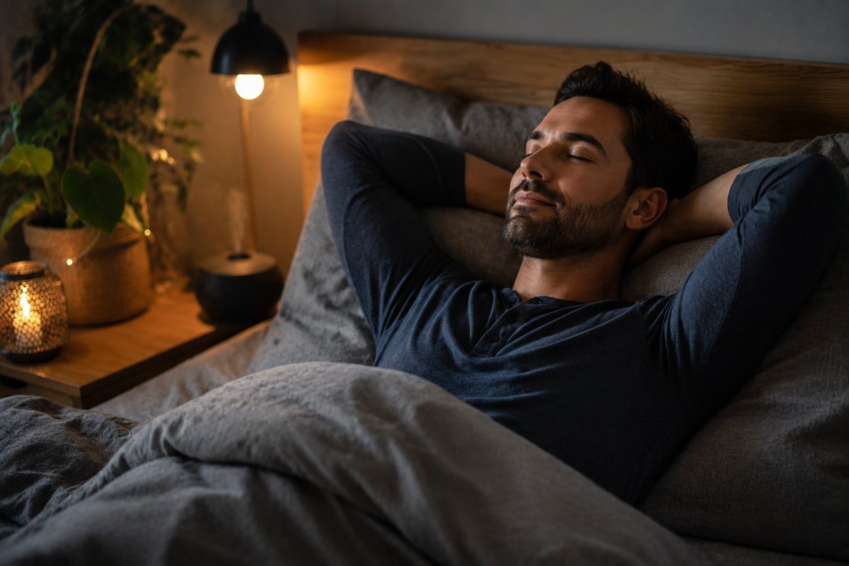 Hombre relajado en cama usando técnicas para aliviar el estrés