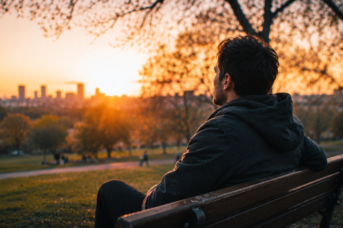 hombre reflexionando en un parque durante un atardecer