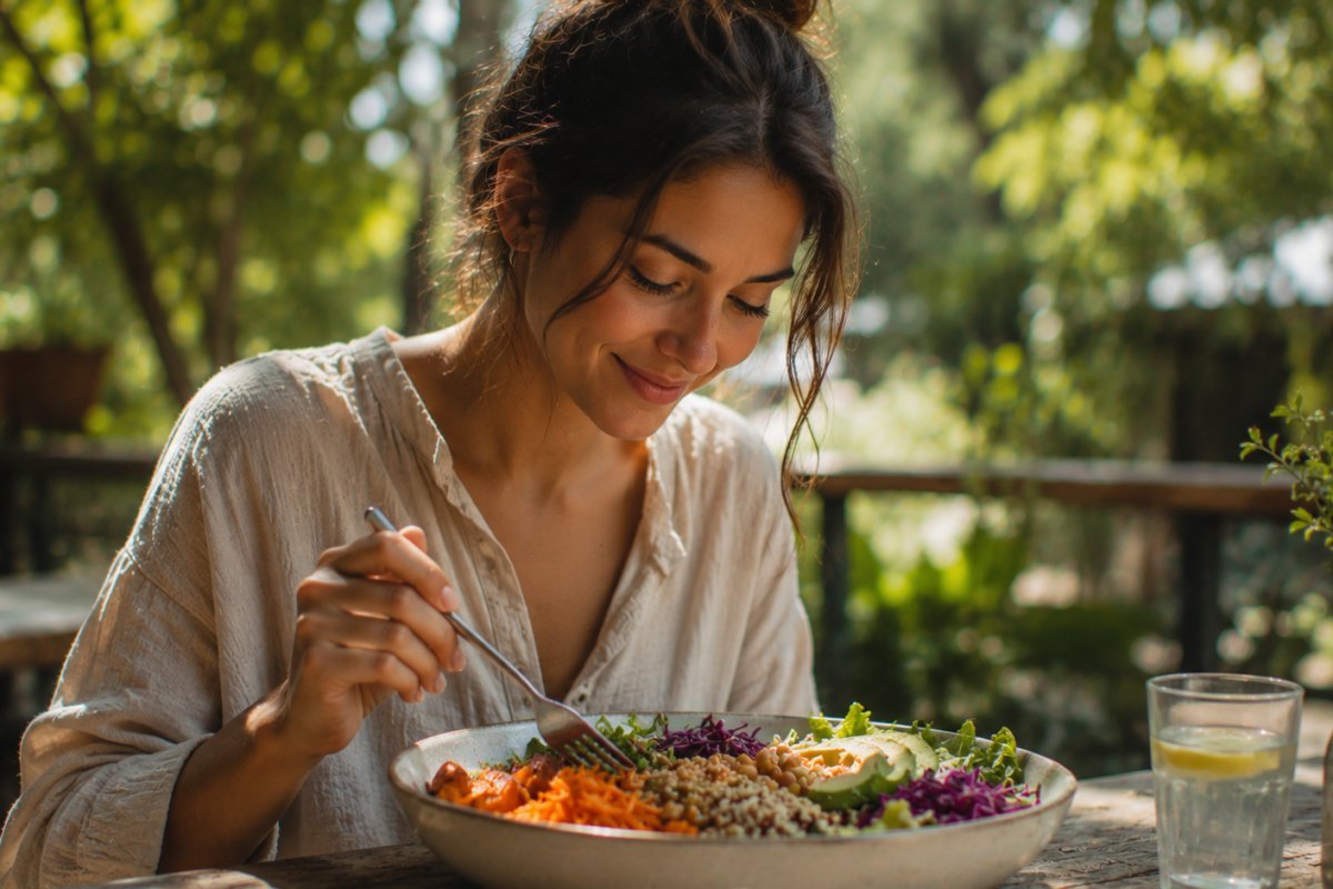 mujer joven disfrutando de una comida equilibrada al aire libre