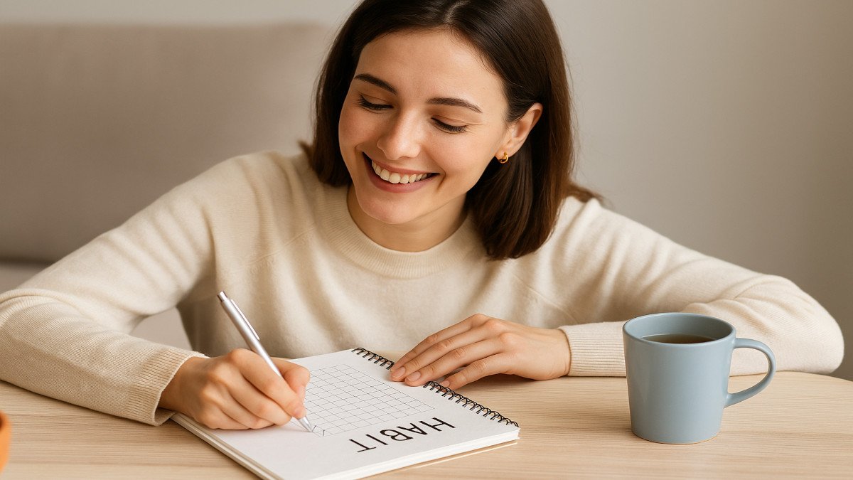 Mujer sonriendo mientras marca una lista de hábitos saludables en su libreta junto a una taza de té