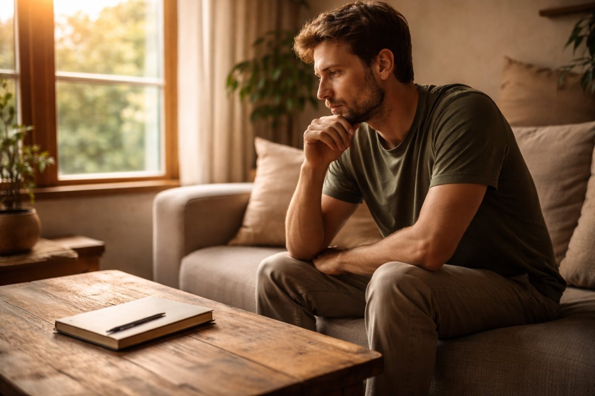 Hombre adulto sentado en un sofá junto a una ventana mientras observa una libreta cerrada sobre una mesa con luz suave de la tarde