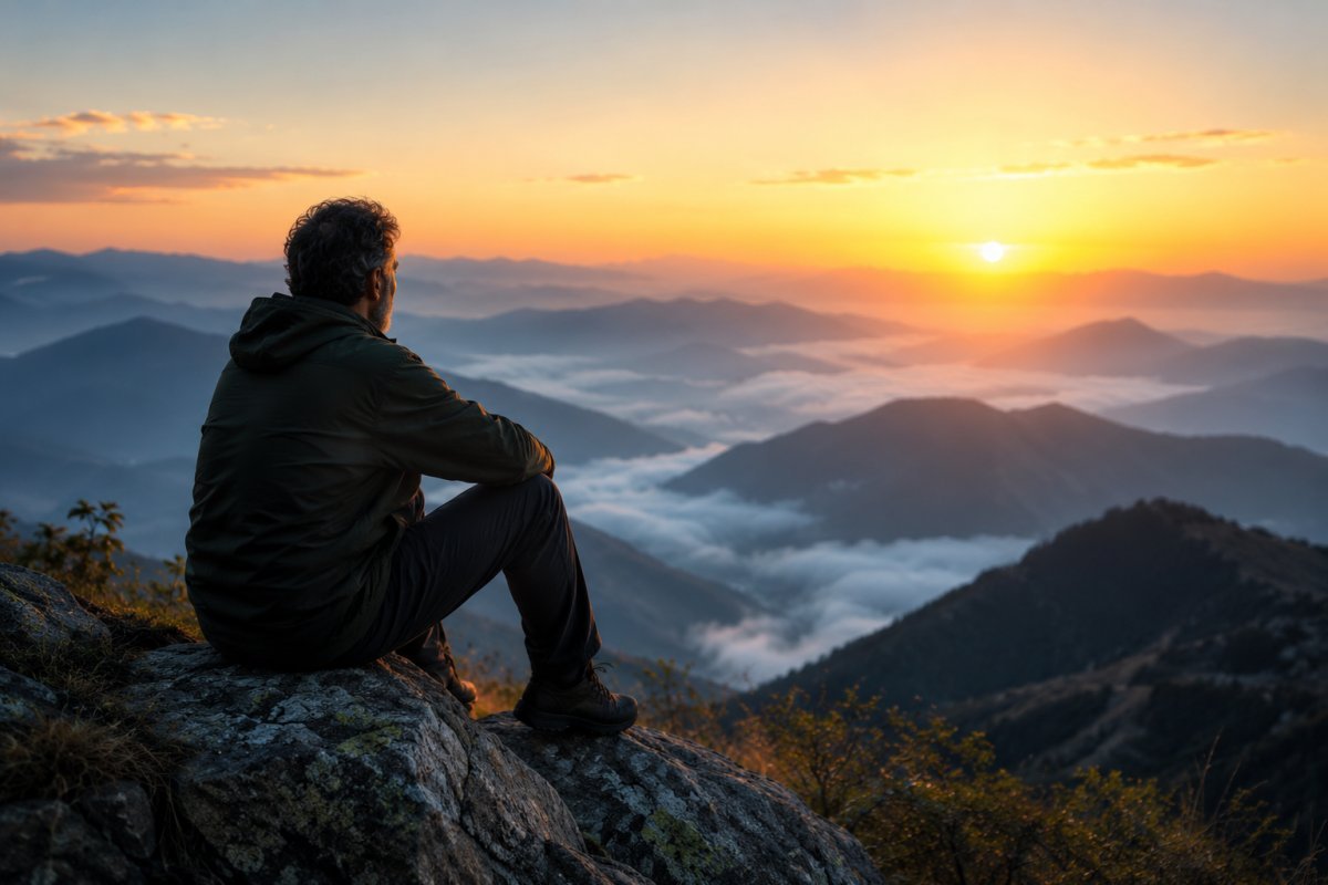 Un hombre maduro contemplando un paisaje montañoso al amanecer