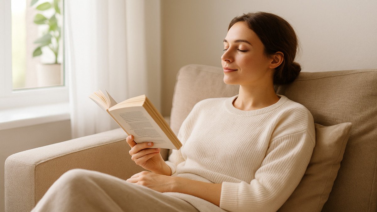 Mujer relajada leyendo o descansando sin celular, junto a una ventana con luz natural, ambiente tranquilo y minimalista