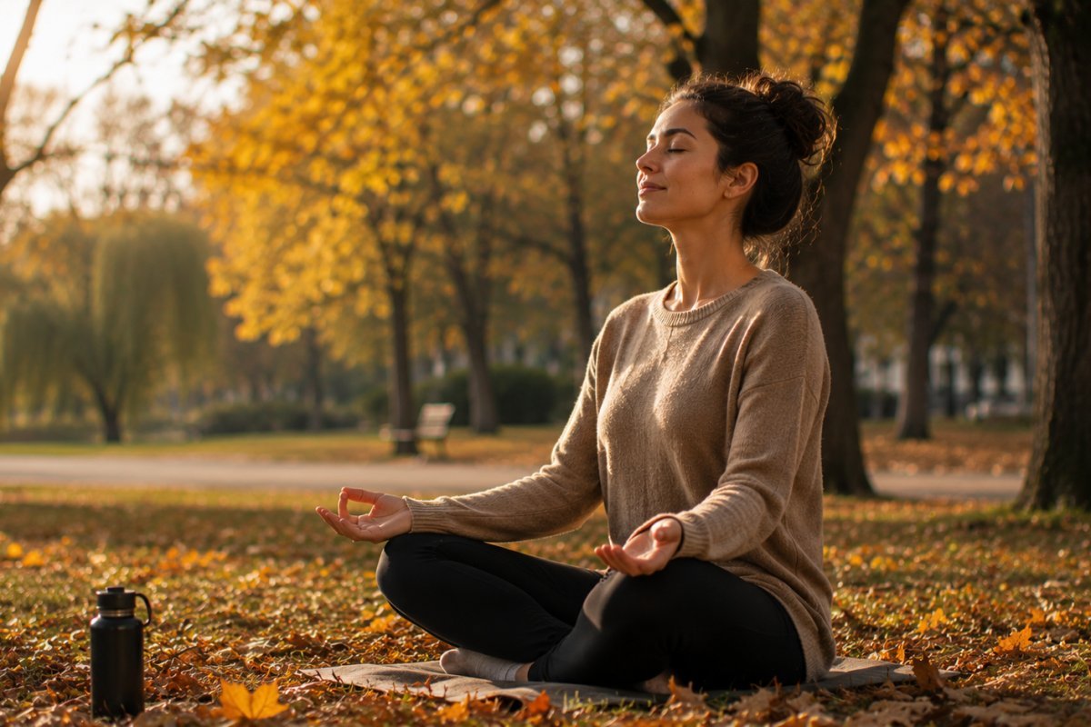Una mujer meditando en un parque en otoño