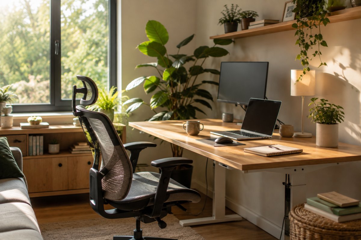 Espacio de trabajo ergonómico en casa con luz natural