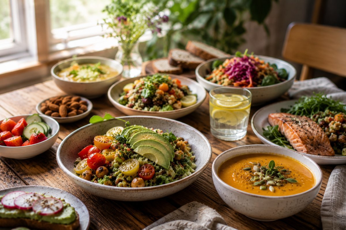 Una mesa llena de platos coloridos y saludables
