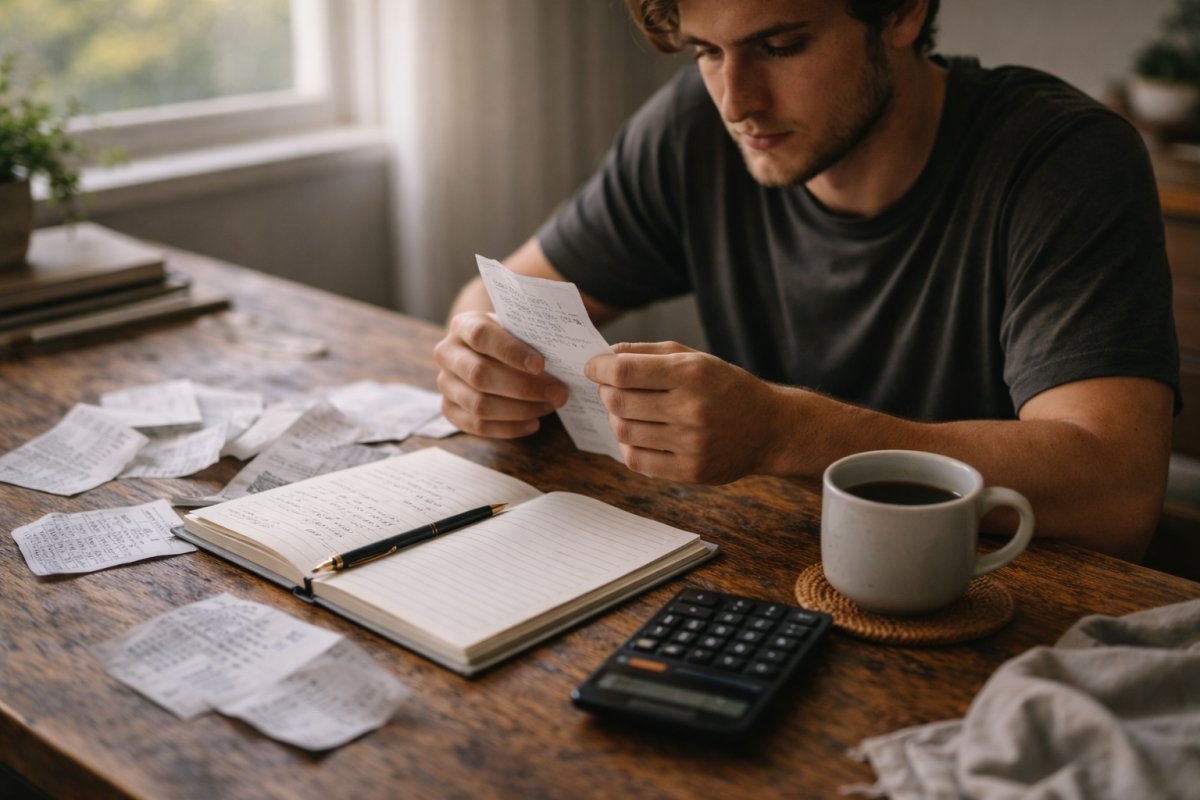 Hombre joven en Mesa con recibos, libreta y calculadora junto a una taza de café en un ambiente cotidiano con luz natural suave