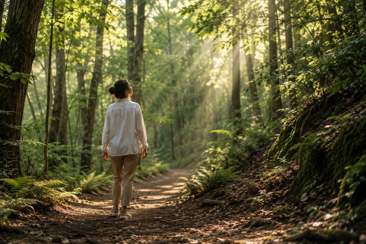 Una mujer caminando tranquilamente en un bosque