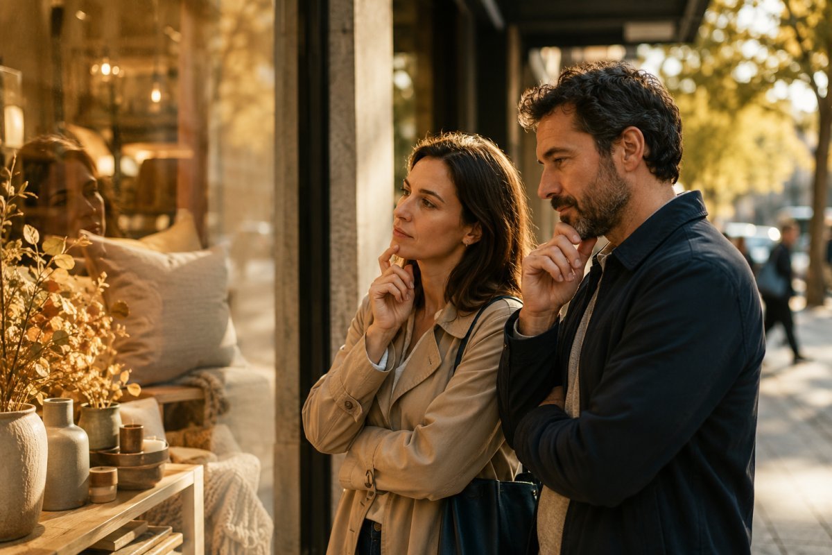 Una pareja reflexionando mientras mira una tienda