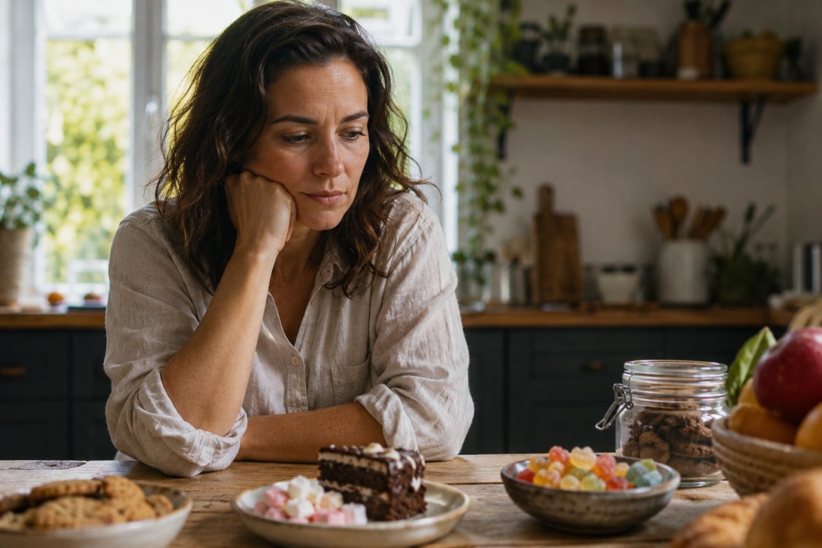 mujer contemplativa observando una mesa con dulces